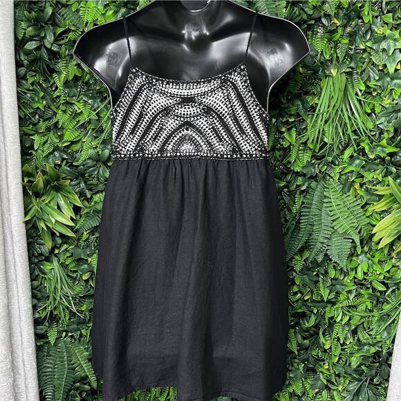 ZARA Dress Women Large Black Beige Mini Linen Blend Crotchet Boho 2227 - Picture 7 of 7